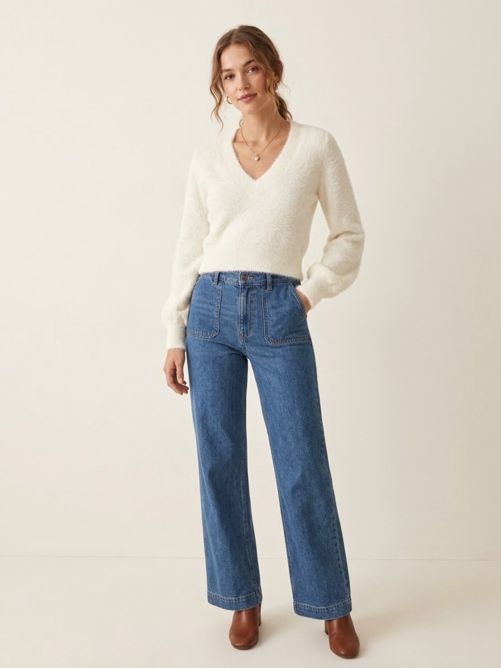 🤍 Sunday Best Aritzia White Fuzzy Eyelash Knit V-Neck Sweater Womens XS
